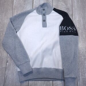 Hugo Boss Fleece Pullover Mens L White Grey Colorblock Quarter Button Logo Sweat
